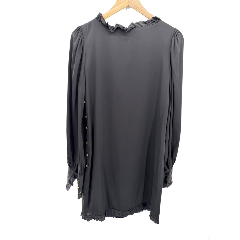 Milly of New York Black Silk Ruffle Dress 8 Gold Rose Button Side Slit Vintage - Picture 6 of 6